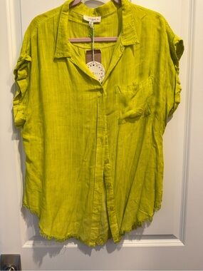 Umgee Neon Lime Button-Front Short Sleeve Shirt
